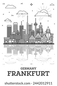 Outline Frankfurt Germany City Skyline with Modern Buildings and Reflections Isolated on White. Vector Illustration. Frankfurt Cityscape with Landmarks.