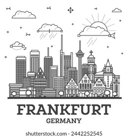 Umriss Frankfurt Deutschland City Skyline mit modernen Gebäuden isoliert auf Weiß. In: Vector Illustration. Stadtbild Frankfurt mit Sehenswürdigkeiten.