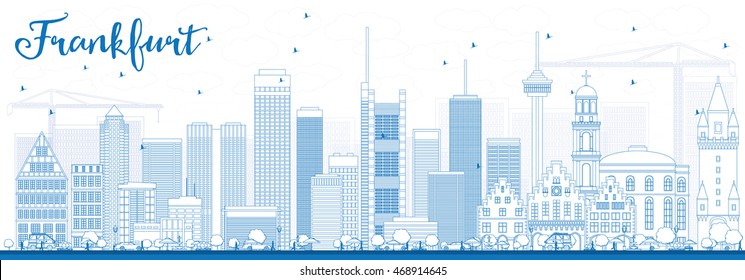 Outline Frankfurt Skyline with Blue Buildings. Vector Illustration. Business Travel and Tourism Concept with Modern Buildings. Image for Presentation Banner Placard and Web Site.