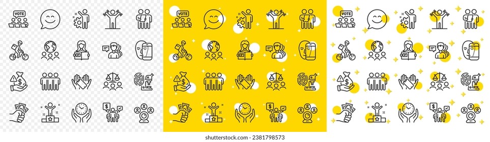 Outline Fraud, Bribe and Friendship line icons pack for web with Woman read, Online voting, Court jury line icon. Teamwork, Survey, Delivery bike pictogram icon. Fingerprint research. Vector