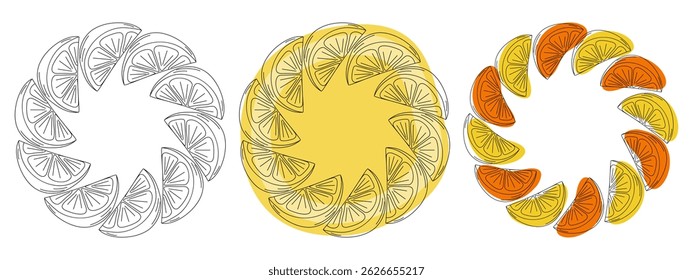 Outline Freehand Citrus Slices Create Circular Frame border Copyspace Template Set Three design idea