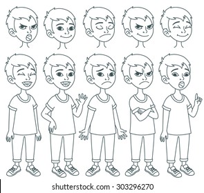 Outline freehand drawings cartoon school boy character  Different facial expressions  emotions  poses   gestures set  Vector line art illustration isolated over white background