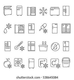 Outline Fridge Icons, Signs and Symbols Set. Kitchen Appliances,  Equipment, Freeze Refrigerator Line Vector Illustration. With Freezer, Portable Fridge, etc. svg