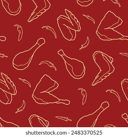 Outline Fried Chicken Chilli Seamless Pattern Vector illustration Design