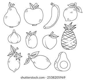 Esboço da coleção de frutas. Círios tropicais sazonais Limão e limão, abacaxi, banana, maçã e pera, figo, abacate, damasco e ameixa. Desenho linear isolado, livro de colorir. Ilustração vetorial.