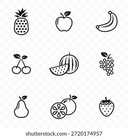 Outline fruit icon set healthy food with pineapple apple banana cherry watermelon grapes avocado oranges strawberry