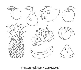 Outline fruit set. Vector simple icons. Silhouette of apricot, pear, mango, apple, grape, peach, banana, pineapple and watermelon slice.