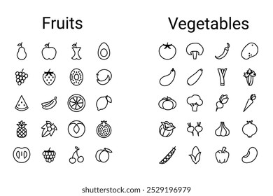 Outline fruit and vegetable icons set