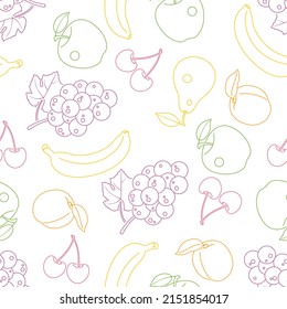 Outline fruits and berry seamless pattern. Healthy food background. Vector illustration of grapes, apples, pears, cherry, apricots and bananas.
