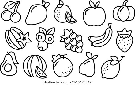 Outline fruits collection. Hand draw doodle fruit icon set. Healthy food icons