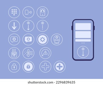 Outline functions for mobile device vector illustrations set. Minimalist thin linear web icons of air purifier, encrypt, dial pad, traction, swipe down. Smart technology, interface concept