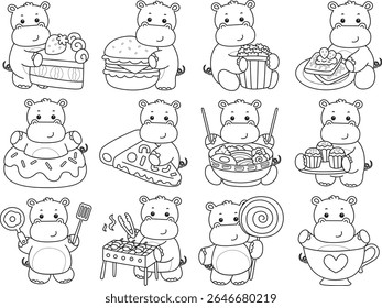 Outline of Funny baby hippo animal series. Coloring pages of life of fluffy hippo designs. Outline of hippo in the variation of fast food and dessert