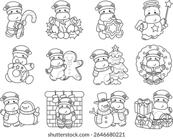 Outline of Funny baby hippo animal series. Coloring pages of life of fluffy hippo designs. Outline of merry christmas by hippo