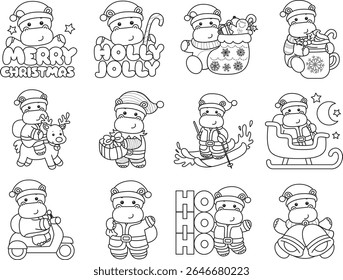 Outline of Funny baby hippo animal series. Coloring pages of life of fluffy hippo designs. Outline of hippo in the variation of christmas party
