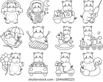 Outline of Funny baby hippo animal series. Coloring pages of life of fluffy hippo designs. Outline of hipoo in the variation of transportation