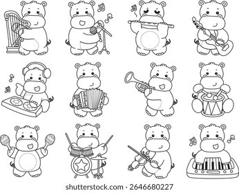 Outline of Funny baby hippo animal series. Coloring pages of life of fluffy hippo designs. Outline of hippo in the variation of music and instrument