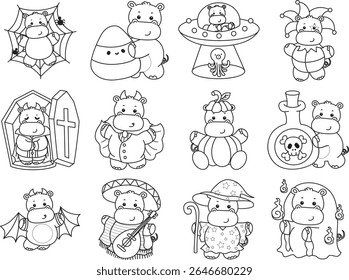 Contorno da série de animais engraçados de bebê hipopótamo. Colorir páginas da vida de desenhos de hipopótamo fofo. Contorno de feliz halloween do hipopótamo
