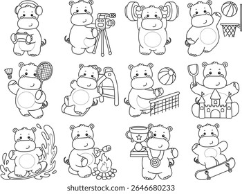 Outline of Funny baby hippo animal series. Coloring pages of life of fluffy hippo designs. Outline of hippo in the variation of sport and workout
