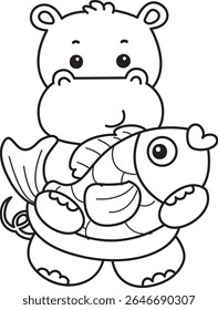 Outline of Funny baby hippo animal series. Coloring pages of  life of fluffy hippo designs. outline of Hippo bring a gold fish
