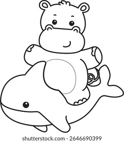 Contorno da série de animais engraçados de bebê hipopótamo. Colorir páginas da vida de desenhos de hipopótamo fofo. contorno de Hipopótamo montando um tubarão