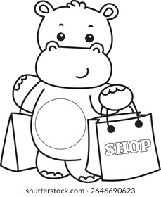 Outline of Funny baby hippo animal series. Coloring pages of  life of fluffy hippo designs. outline of Hippo bring a shopping bag
