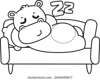 Contorno da série de animais engraçados de bebê hipopótamo. Colorir páginas da vida de desenhos de hipopótamo fofo. esboço de Hipopótamo deitado no sofá