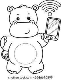 Outline of Funny baby hippo animal series. Coloring pages of  life of fluffy hippo designs. outline of Hippo bring a phone