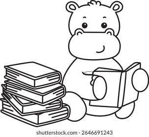 Contorno da série de animais engraçados de bebê hipopótamo. Colorir páginas da vida de desenhos de hipopótamo fofo. contorno de hipopótamo lendo um livro