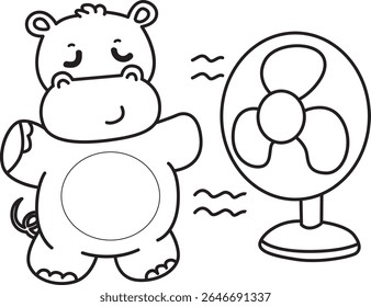 Outline of Funny baby hippo animal series. Coloring pages of  life of fluffy hippo designs. outline of Hippo feel the air from the fan