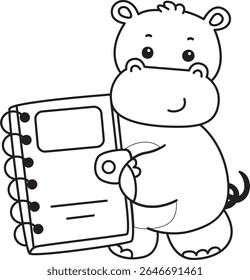 Outline of Funny baby hippo animal series. Coloring pages of  life of fluffy hippo designs. outline of Hippo bring a books