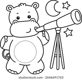 Outline of Funny baby hippo animal series. Coloring pages of  life of fluffy hippo designs. outline of Hippo see the moon with telescope