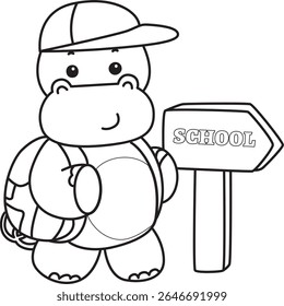 Outline of Funny baby hippo animal series. Coloring pages of  life of fluffy hippo designs. outline of Hippo want to going to school