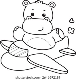 Outline of Funny baby hippo animal series. Coloring pages of  life of fluffy hippo designs. outline of Hippo riding a plane