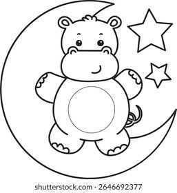 Contorno da série de animais engraçados de bebê hipopótamo. Colorir páginas da vida de desenhos de hipopótamo fofo. contorno de hipopótamo ficar na lua