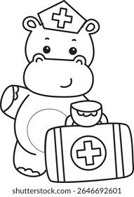 Outline of Funny baby hippo animal series. Coloring pages of  life of fluffy hippo designs. outline of Hippo bring a first aid kit