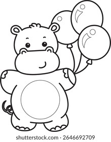 Outline of Funny baby hippo animal series. Coloring pages of  life of fluffy hippo designs. outline of Hippo bring a three of balloons