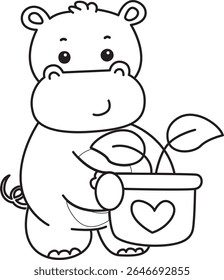 Outline of Funny baby hippo animal series. Coloring pages of  life of fluffy hippo designs. outline of Hippo bring a leaves in the pot