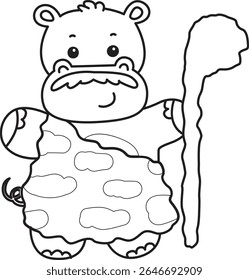 Outline of Funny baby hippo animal series. Coloring pages of  life of fluffy hippo designs. outline of Hippo wearing ancient clothes