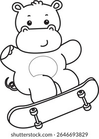 Outline of Funny baby hippo animal series. Coloring pages of  life of fluffy hippo designs. outline of Hippo playing a skateboard