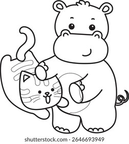 Contorno da série de animais engraçados de bebê hipopótamo. Colorir páginas da vida de desenhos de hipopótamo fofo. contorno de hipopótamo com gatinho