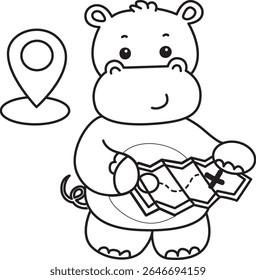 Contorno da série de animais engraçados de bebê hipopótamo. Colorir páginas da vida de projetos de hipopótamo fofo. contorno de hipopótamo veja o mapa