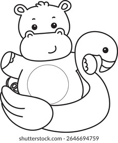 Outline of Funny baby hippo animal series. Coloring pages of  life of fluffy hippo designs. outline of Hippo stuck in the flamingo tire