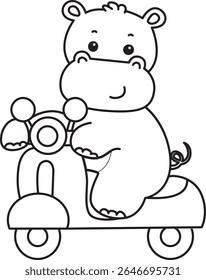 Contorno da série de animais engraçados de bebê hipopótamo. Colorir páginas da vida de projetos de hipopótamo fofo. contorno de Hipopótamo montando uma moto