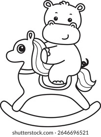 Outline of Funny baby hippo animal series. Coloring pages of  life of fluffy hippo designs. outline of Hippo riding a Rocky horse
