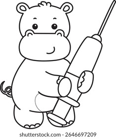 Contorno da série de animais engraçados de bebê hipopótamo. Colorir páginas da vida de desenhos de hipopótamo fofo. contorno de hipopótamo trazer uma seringa