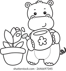 Outline of Funny baby hippo animal series. Coloring pages of  life of fluffy hippo designs. outline of Hippo watering a plants