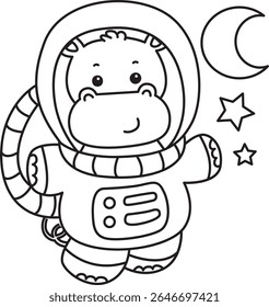 Contorno da série de animais engraçados de bebê hipopótamo. Colorir páginas da vida de projetos de hipopótamo fofo. contorno de Hipopótamo como um astronauta 