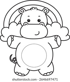 Contorno da série de animais engraçados de bebê hipopótamo. Colorir páginas da vida de desenhos de hipopótamo fofo. contorno de hipopótamo na frente do arco-íris 