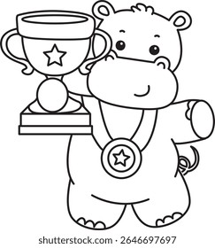 Outline of Funny baby hippo animal series. Coloring pages of  life of fluffy hippo designs. outline of Hippo is the winner
