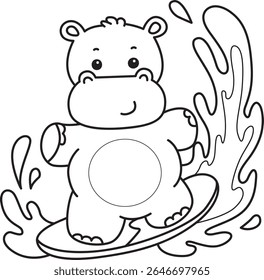 Outline of Funny baby hippo animal series. Coloring pages of  life of fluffy hippo designs. outline of Hippo playing a surfing